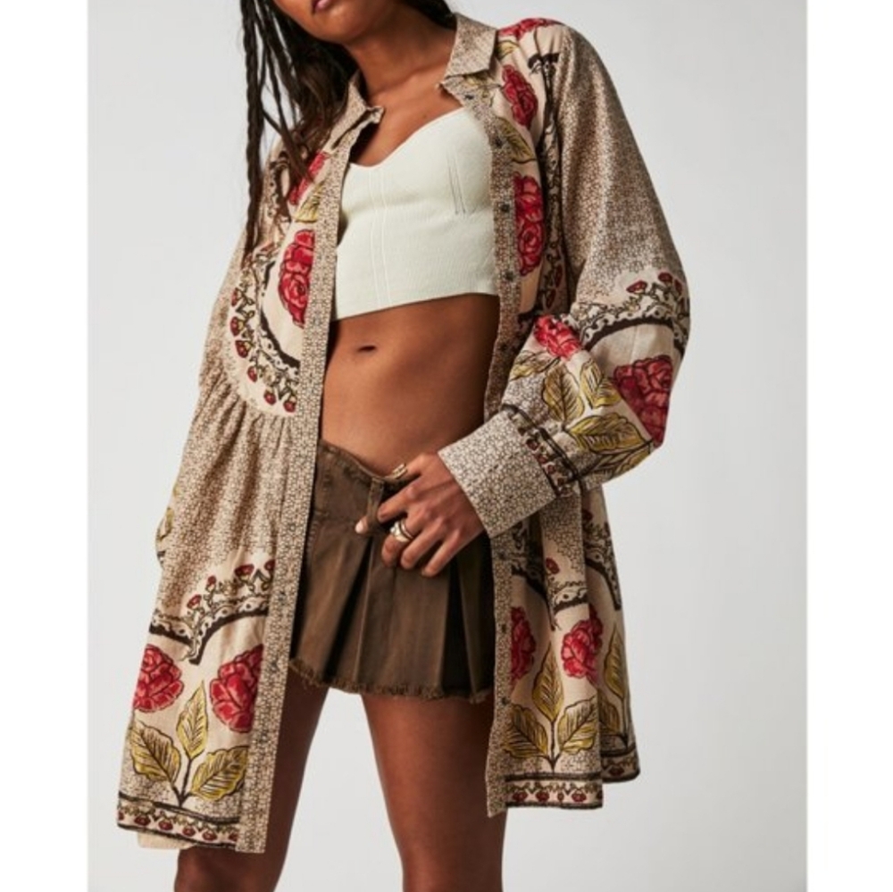 NWT FREE PEOPLE | Smell The Roses Mini Dress Tea Combo Medium Tan Pink Brown